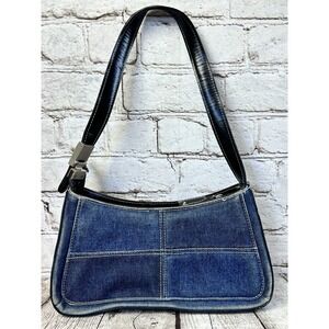 Patchwork Denim Shoulder Bag Jean Purse Black Faux Leather Strap 2000s